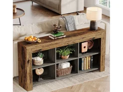 Consola de mesa de 160 cm de largo, mesa de entrada de madera rústica con 6 cubos de almacenamiento