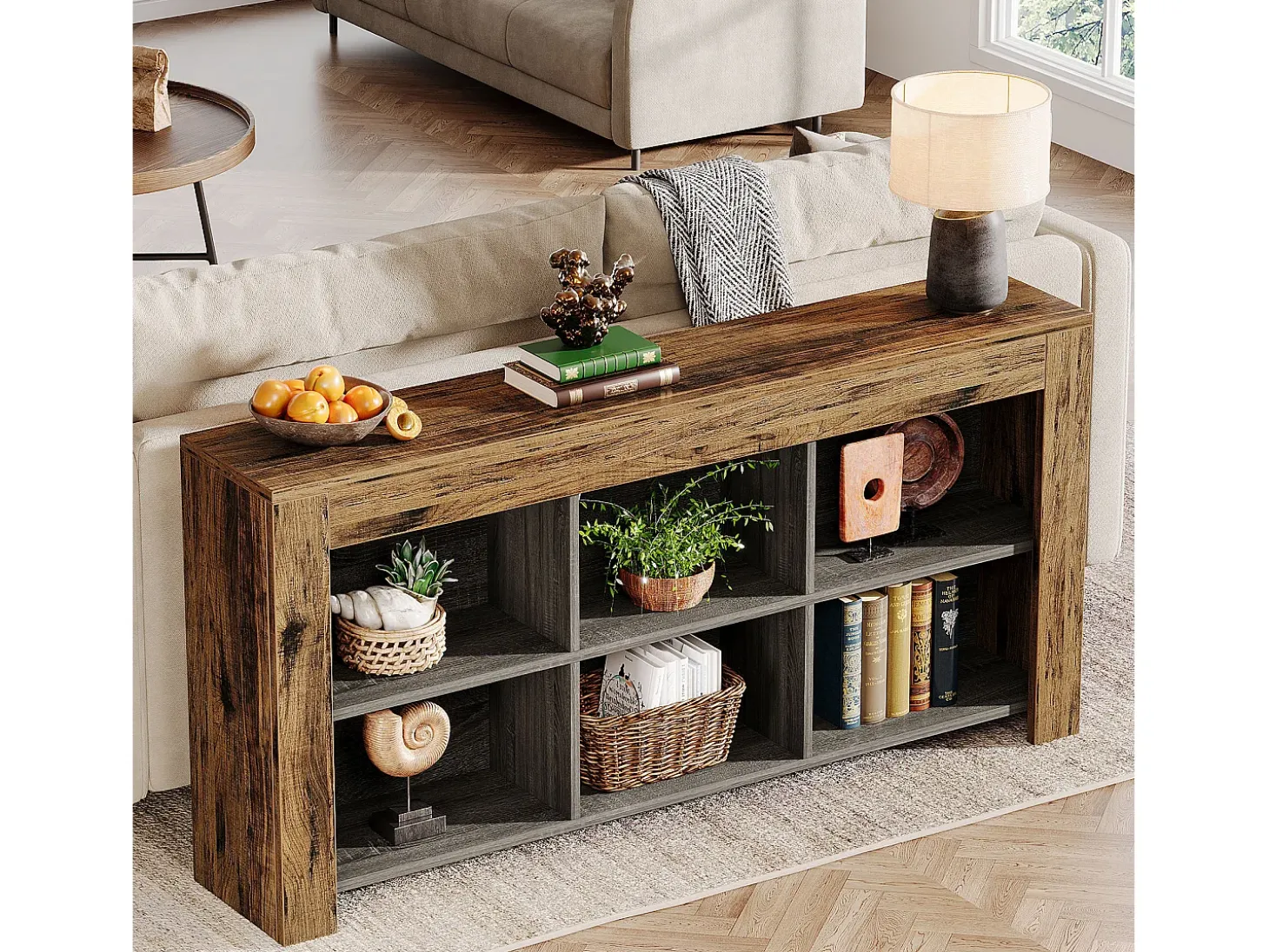 Consola de mesa de 160 cm de largo, mesa de entrada de madera rústica con 6 cubos de almacenamiento