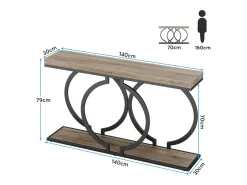 Consola de mesa dorada de 140 cm, Mesa de entrada moderna con patas de metal dorado en forma de O, 140 x 30 x 80 cm, gris