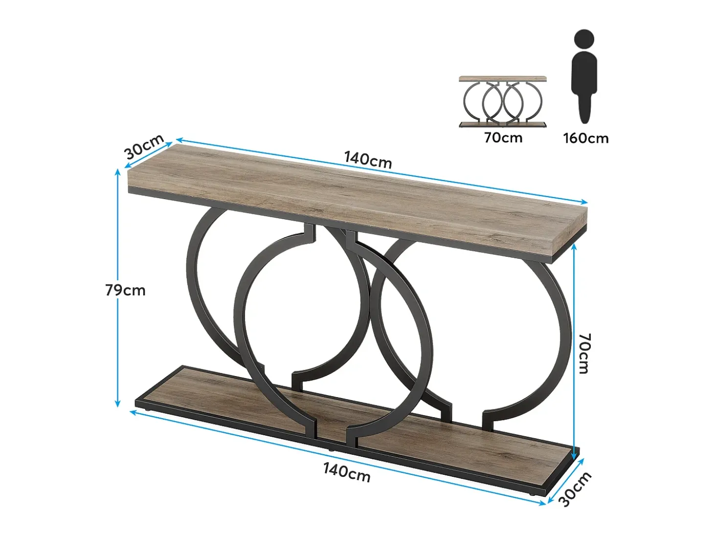 Consola de mesa dorada de 140 cm, Mesa de entrada moderna con patas de metal dorado en forma de O, 140 x 30 x 80 cm, gris
