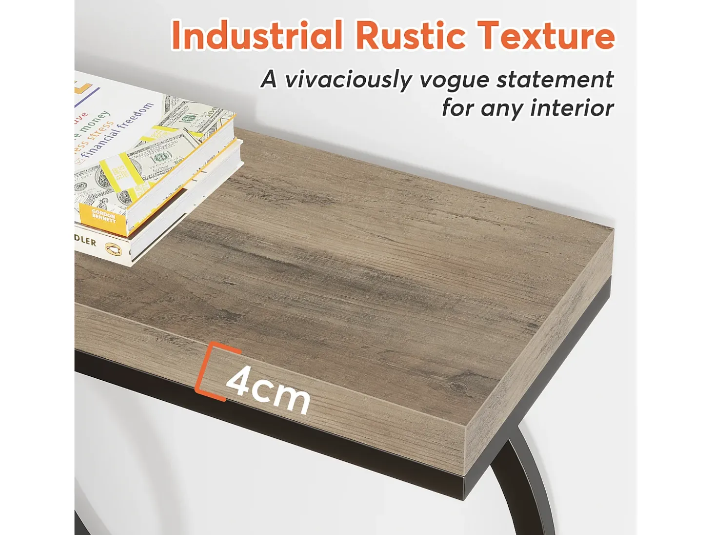 Consola de mesa dorada de 140 cm, Mesa de entrada moderna con patas de metal dorado en forma de O, 140 x 30 x 80 cm, gris
