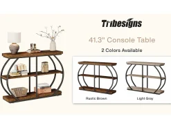 Consola de mesa industrial de tres niveles con marco de metal arqueado y estantes de almacenamiento