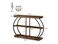Consola de mesa industrial de tres niveles con marco de metal arqueado y estantes de almacenamiento