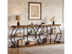 Consola de mesa industrial de tres niveles con marco de metal arqueado y estantes de almacenamiento