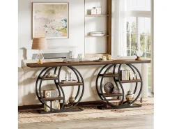 Consola de mesa industrial de 4 niveles, 120 x 30 cm, con base circular