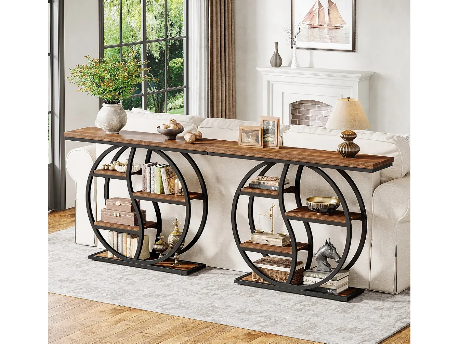 Consola de mesa industrial de 4 niveles, 120 x 30 cm, con base circular