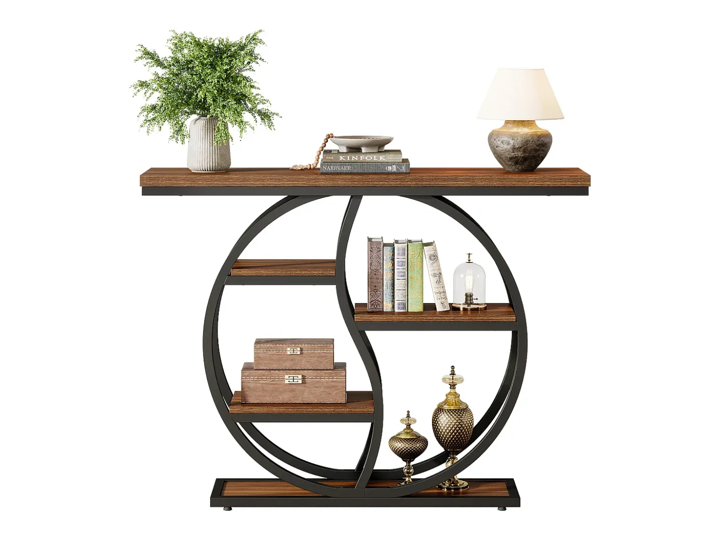 Consola de mesa industrial de 4 niveles, 120 x 30 cm, con base circular