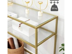 Consola de salón Valora Mesa de cristal Estantes metálicos dorados