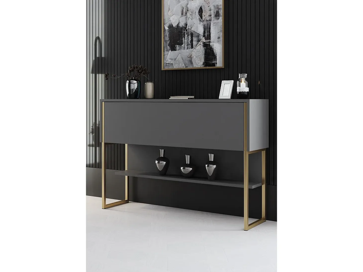 Consola Kailua Z120, Antracita|Dorado, 80x120x30cm, Con puertas