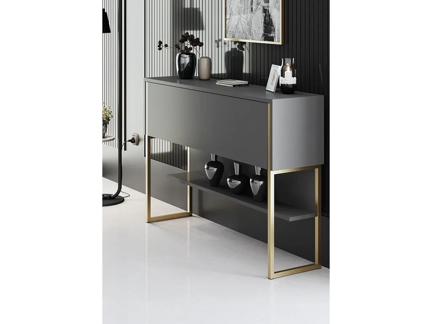 Consola Kailua Z120, Antracita|Dorado, 80x120x30cm, Con puertas