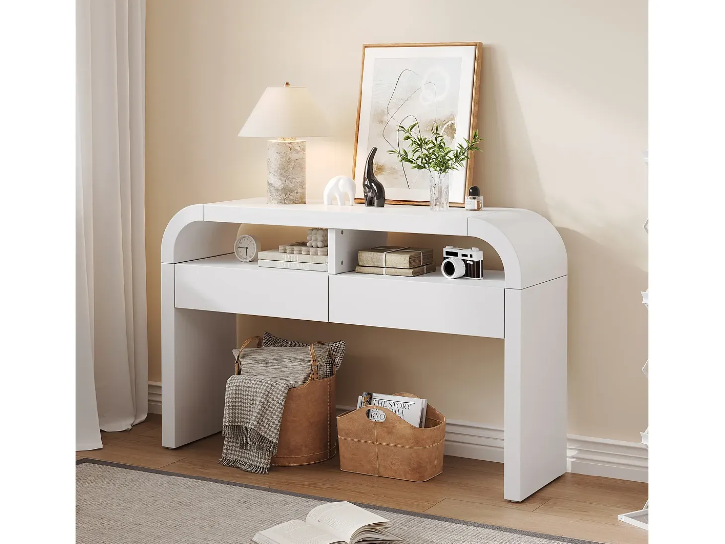 Consola mesa 120x35,5x76,5cm - con 2 cajones - Esquinas redondeadas - estantes abiertos - MDF - Blanco