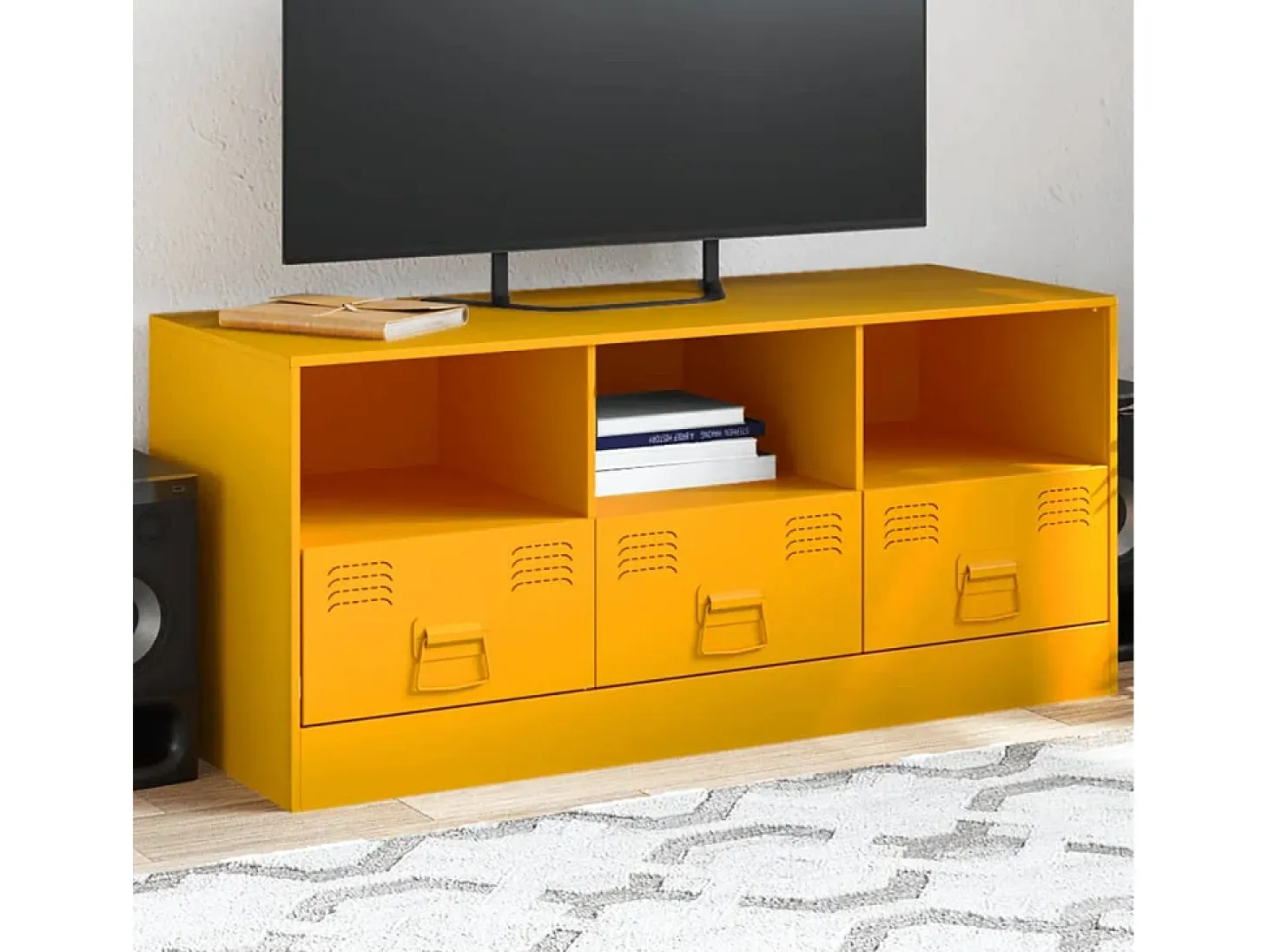 Dafina Mueble para TV de acero amarillo mostaza 99x39x44 cm