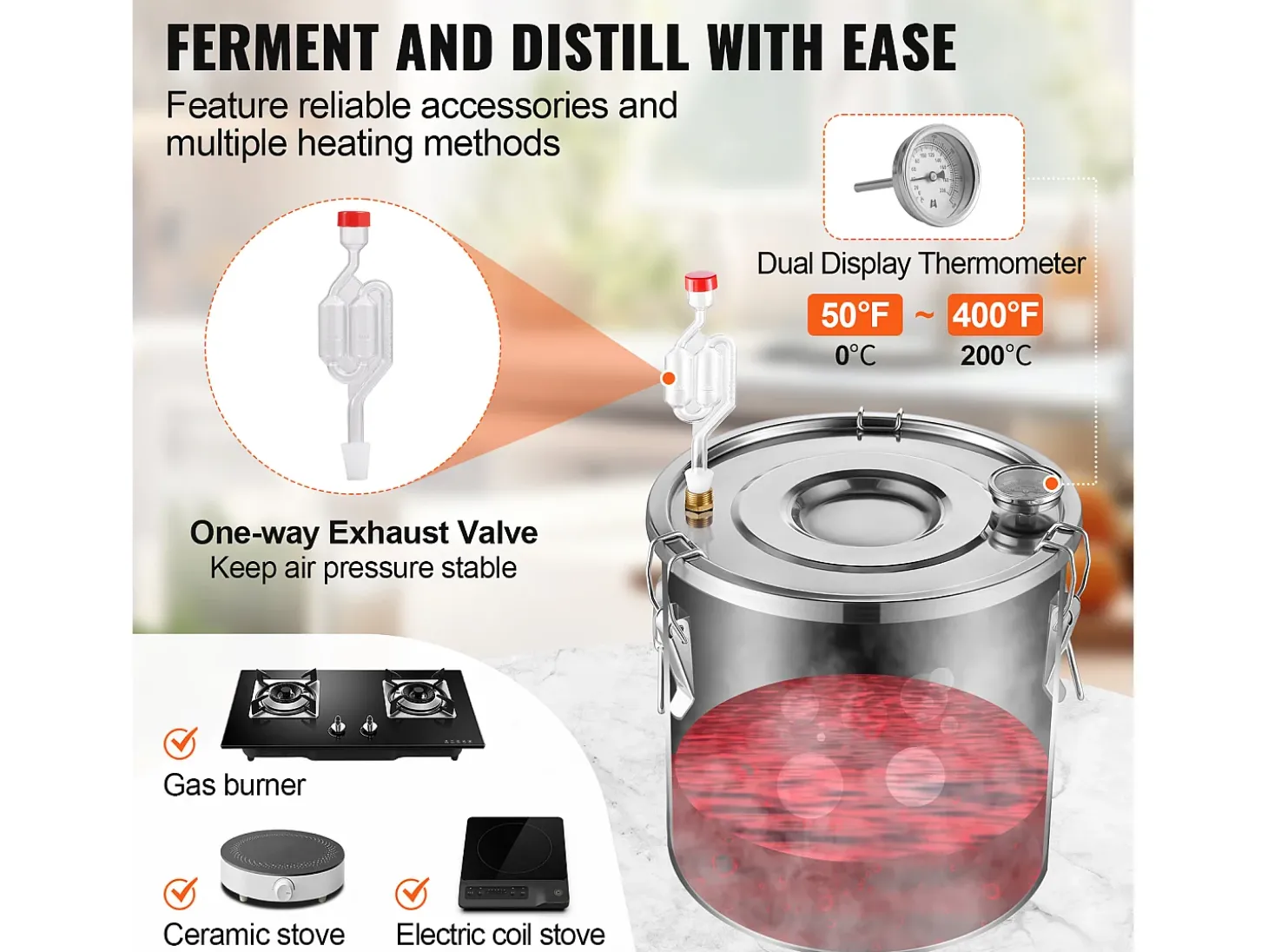 Destilador de Alcohol SucceBuy, Alambique de Alcohol en Acero Inoxidable, Kit de Destilador con Doble Condensador, 50 L