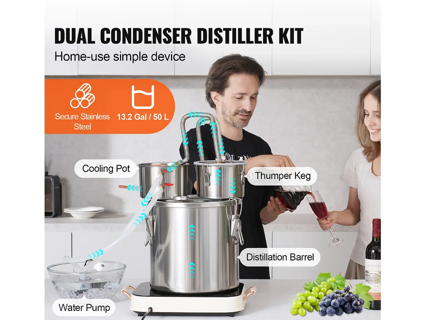 Destilador de Alcohol SucceBuy, Alambique de Alcohol en Acero Inoxidable, Kit de Destilador con Doble Condensador, 50 L
