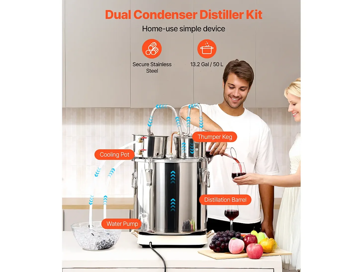 Destilador de Alcohol SucceBuy Destilador de Agua sin Gas de 50 L con Barril Thumper y Bomba de Agua