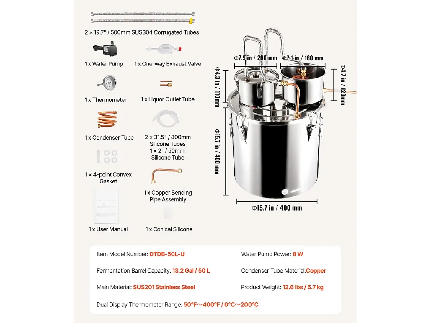 Destilador de Alcohol SucceBuy Destilador de Agua sin Gas de 50 L con Barril Thumper y Bomba de Agua