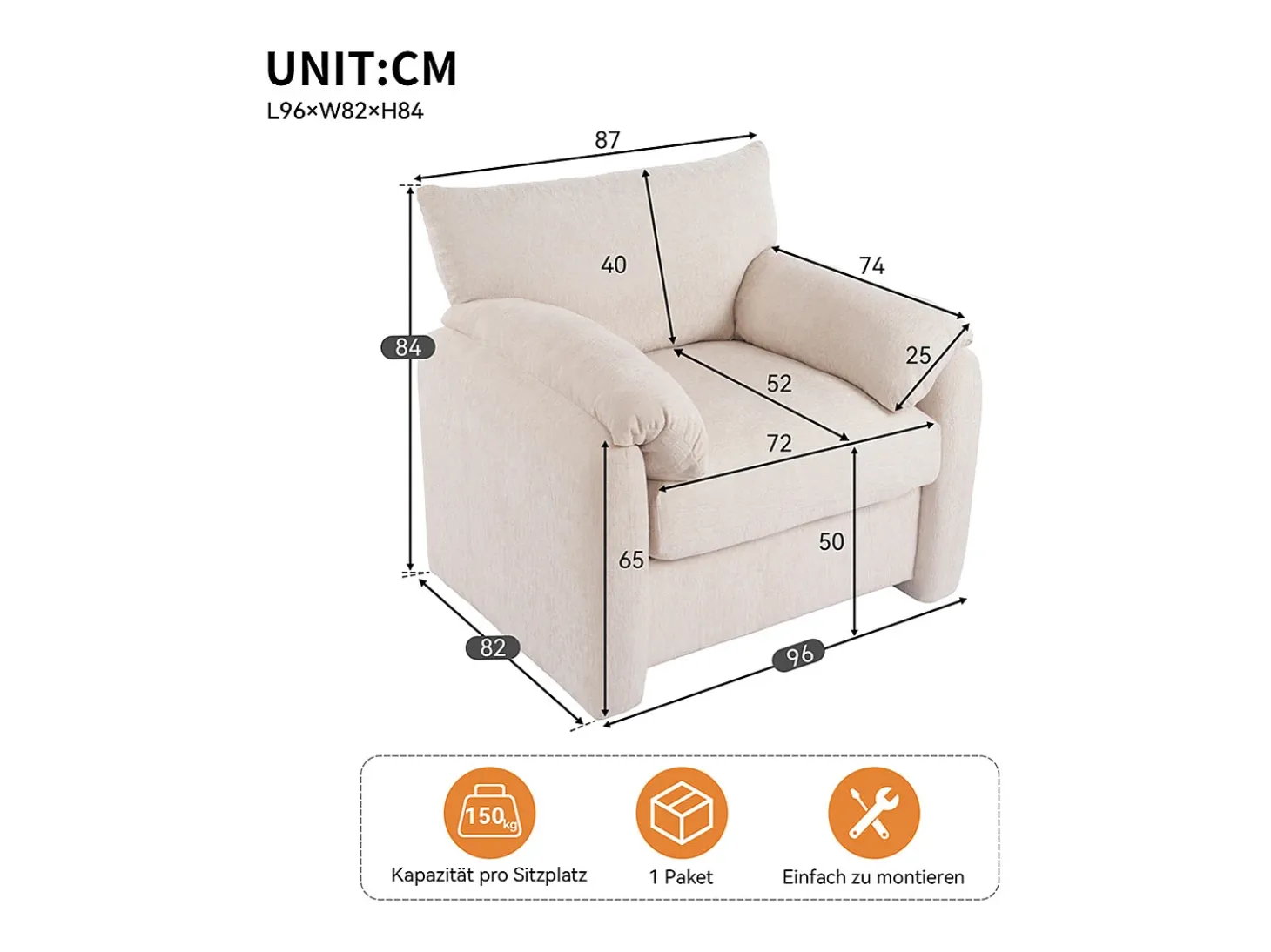 Diseño moderno, tela de chenilla, sillón extragrande, sillón decorativo, sofá individual, beige