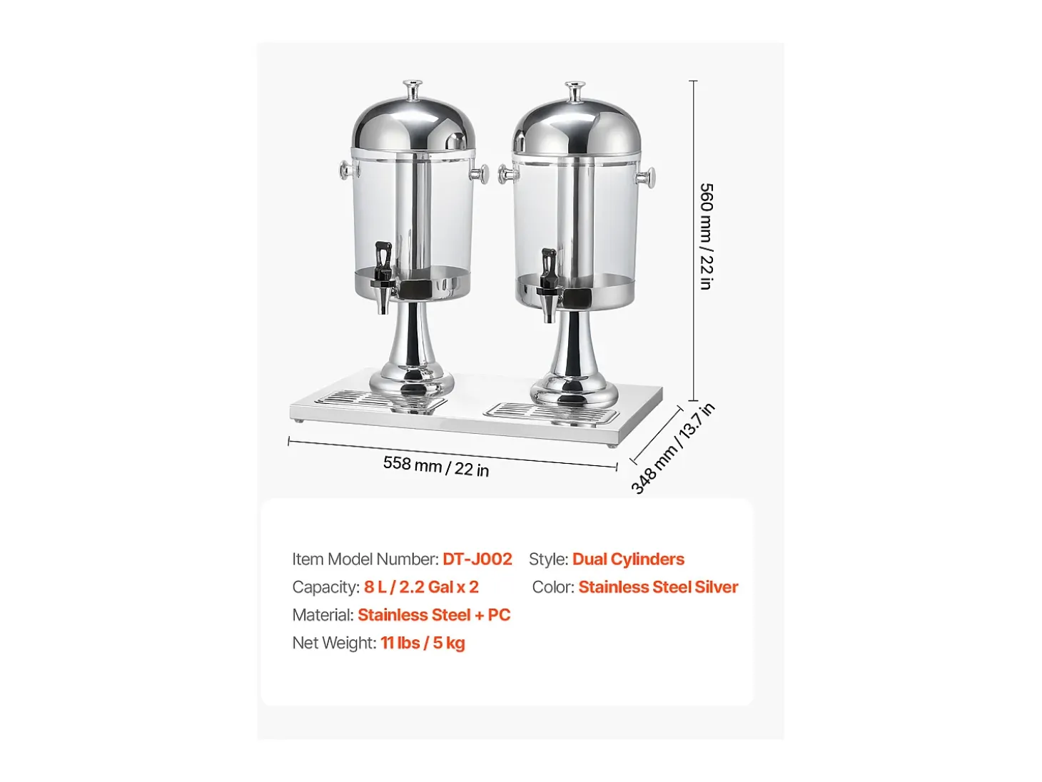 Dispensador de Bebidas SucceBuy, Capacidad 2x 8 L, Fuente de Agua de Acero Inoxidable y Plástico, Dispensador de Zumo, Limonada, Té Helado y Café