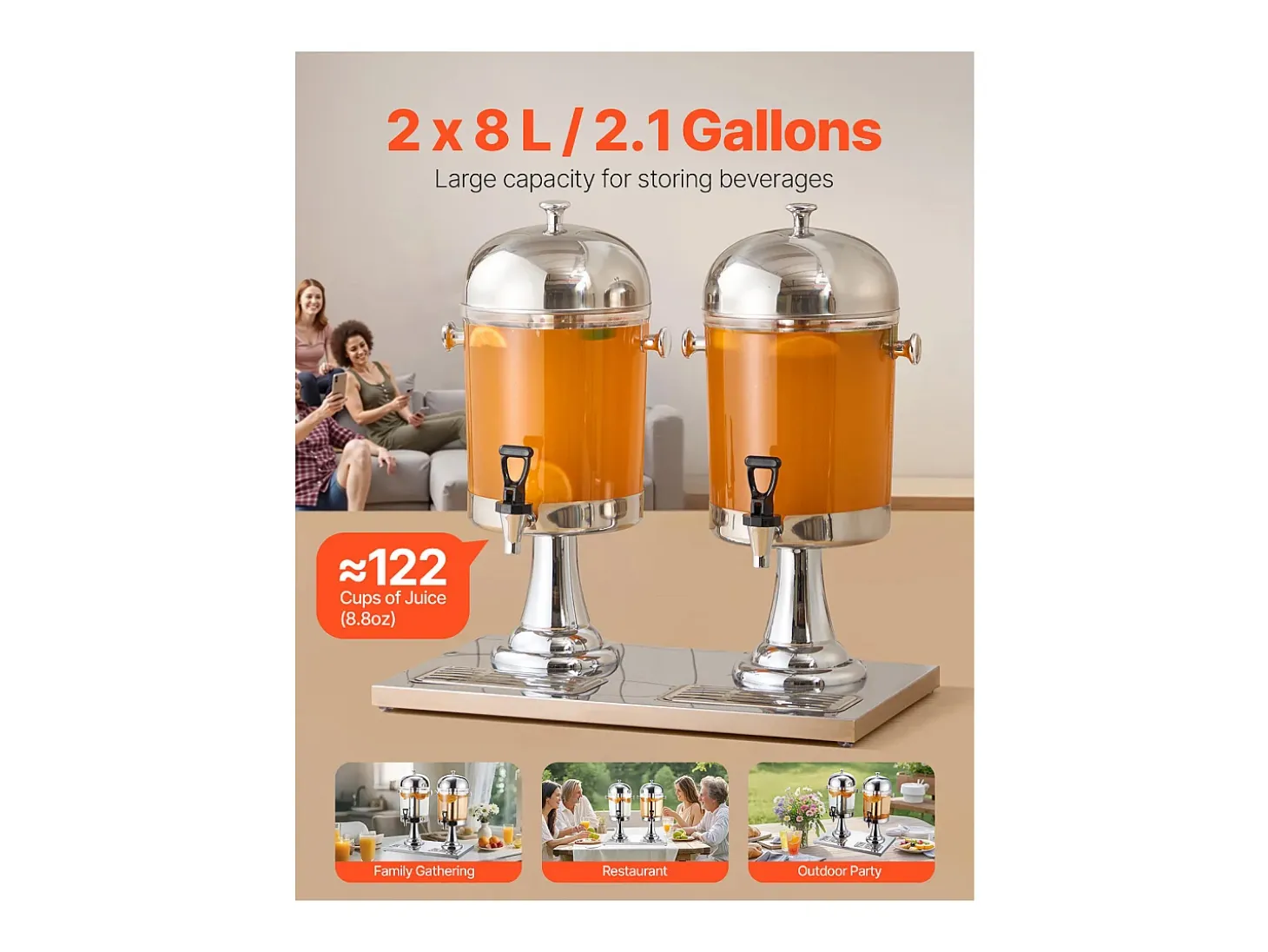 Dispensador de Bebidas SucceBuy, Capacidad 2x 8 L, Fuente de Agua de Acero Inoxidable y Plástico, Dispensador de Zumo, Limonada, Té Helado y Café