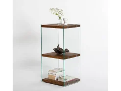 Elegante librería de madera maciza, 40 cm x 80 cm x 35 cm | Estantes de vidrio 100 % templado | Acabado natural | Almacenamiento con estilo