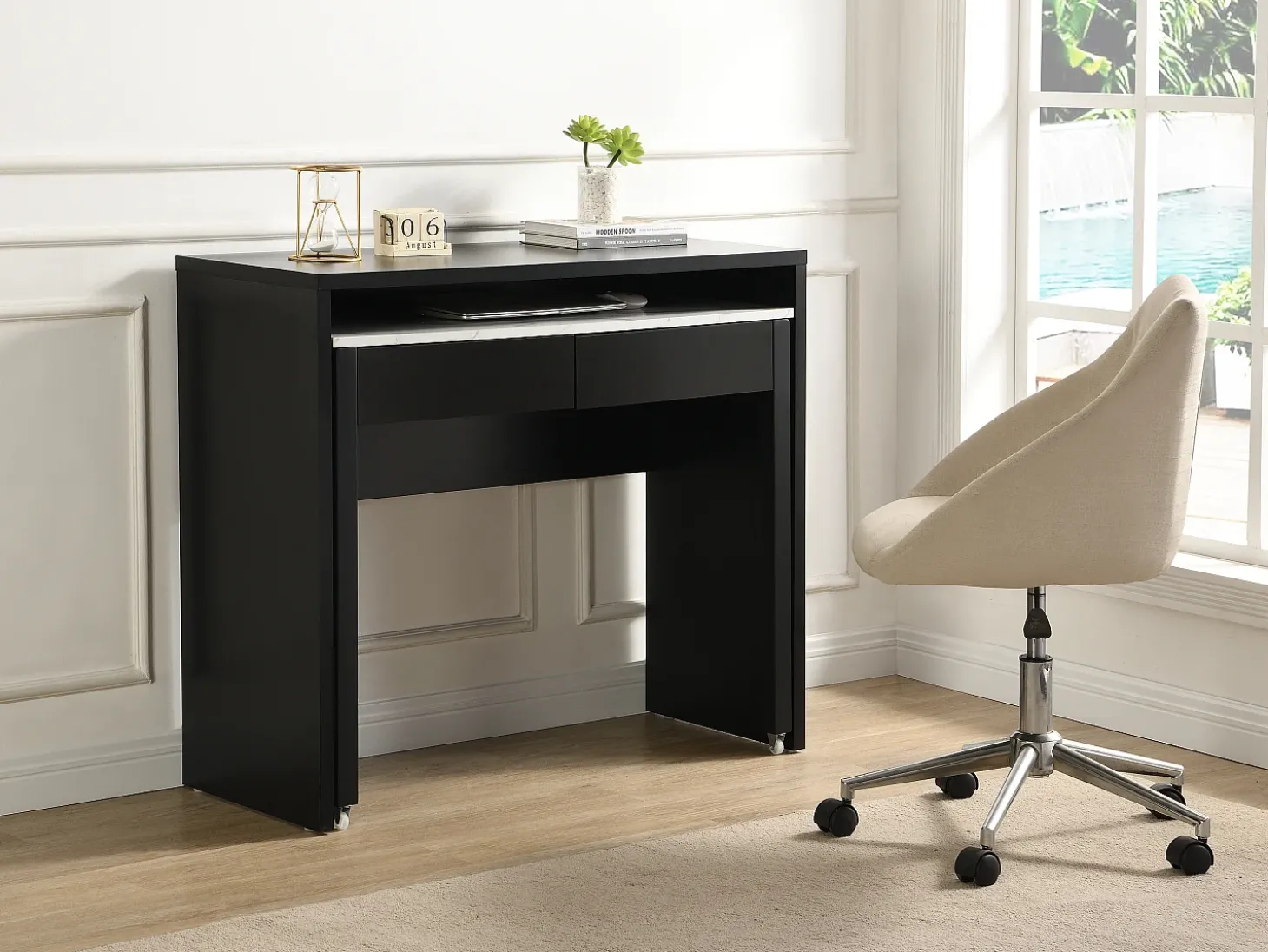Escritorio consola extensible con 2 cajones negro y efecto mármol blanco - LOAVIA
