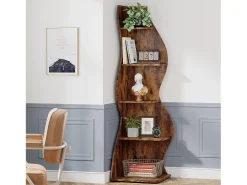 Estante de esquina moderna de 5 niveles, pequeña biblioteca de esquina elegante, soporte para plantas y unidad de organización con forma única, marrón