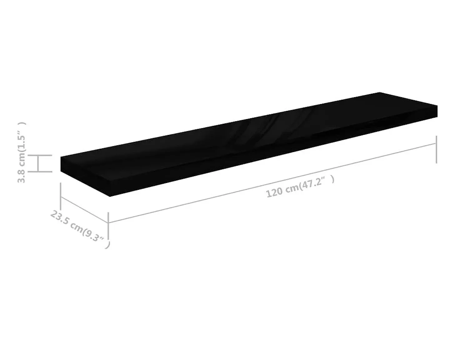 Estante flotante de pared (2 unidades), color negro brillante, 120 x 23,5 x 3,8 cm, MDF.