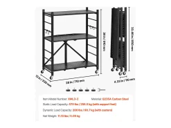 Estante Plegable SucceBuy Estantería Plegable de 3 Niveles, 71 x 33 x 91 cm, Metal Resistente, con Ruedas y Ganchos, para Despensa, Cocina. Color Negro