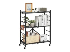 Estante Plegable SucceBuy Estantería Plegable de 3 Niveles, 71 x 33 x 91 cm, Metal Resistente, con Ruedas y Ganchos, para Despensa, Cocina. Color Negro
