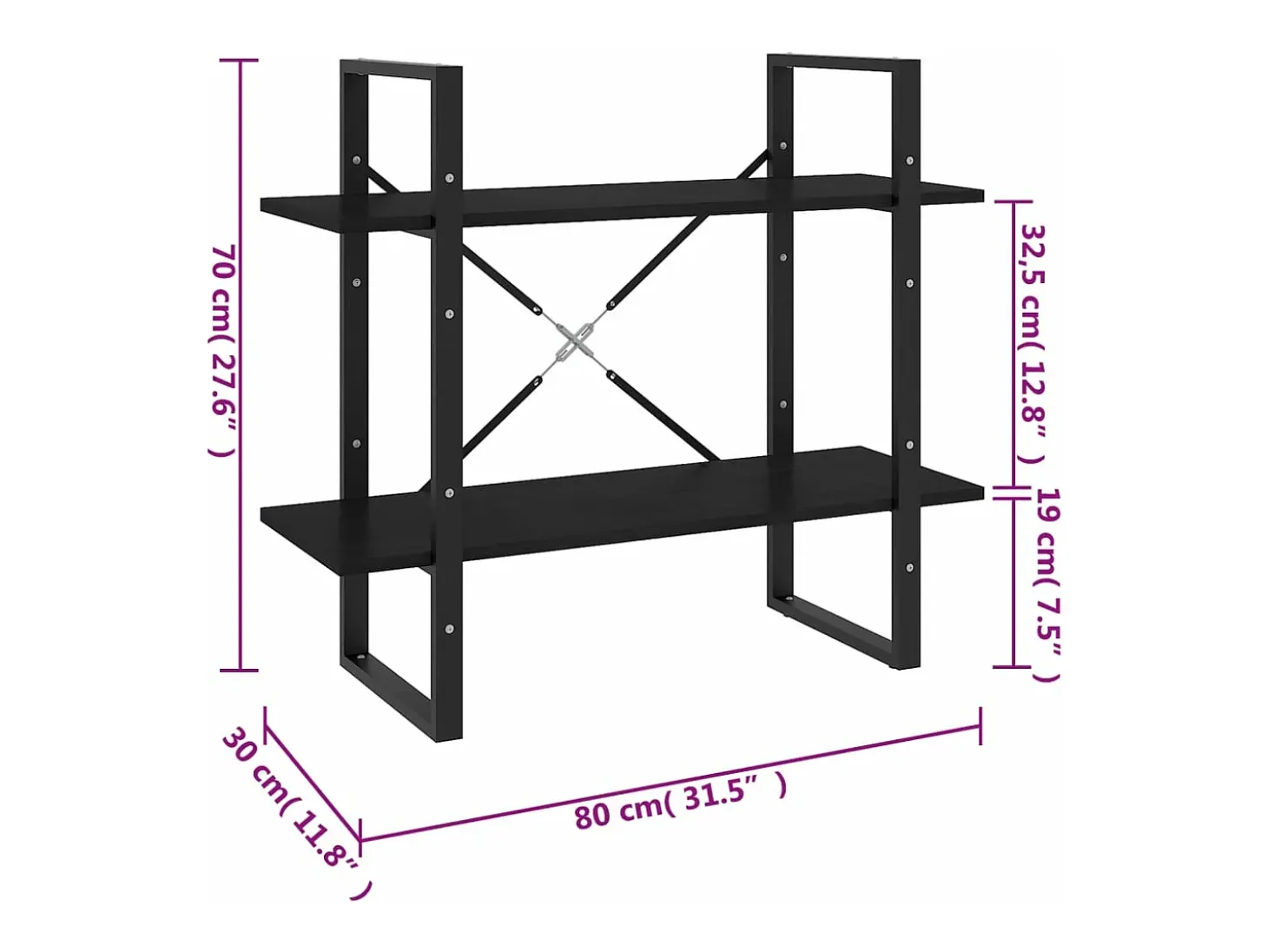 Estantería 2 niveles madera maciza de pino negra 80x30x70 cm