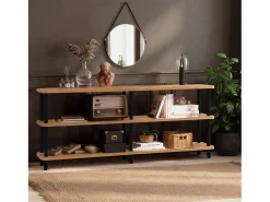Estantería baja de diseño SOFIE 180 cm madera natural y patas negras, 3 estantes melaminados, montaje sin herramientas