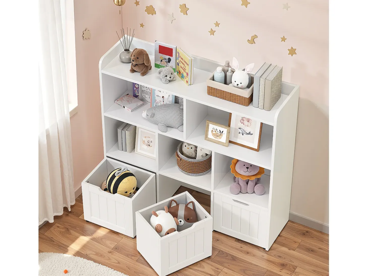 Estantería baja para niños Bealife con 8 compartimentos, 3 cajones abiertos móviles, blanco 100×30×90cm