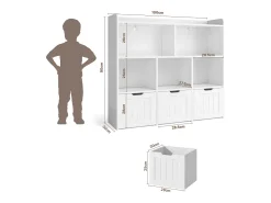 Estantería baja para niños Bealife con 8 compartimentos, 3 cajones abiertos móviles, blanco 100×30×90cm