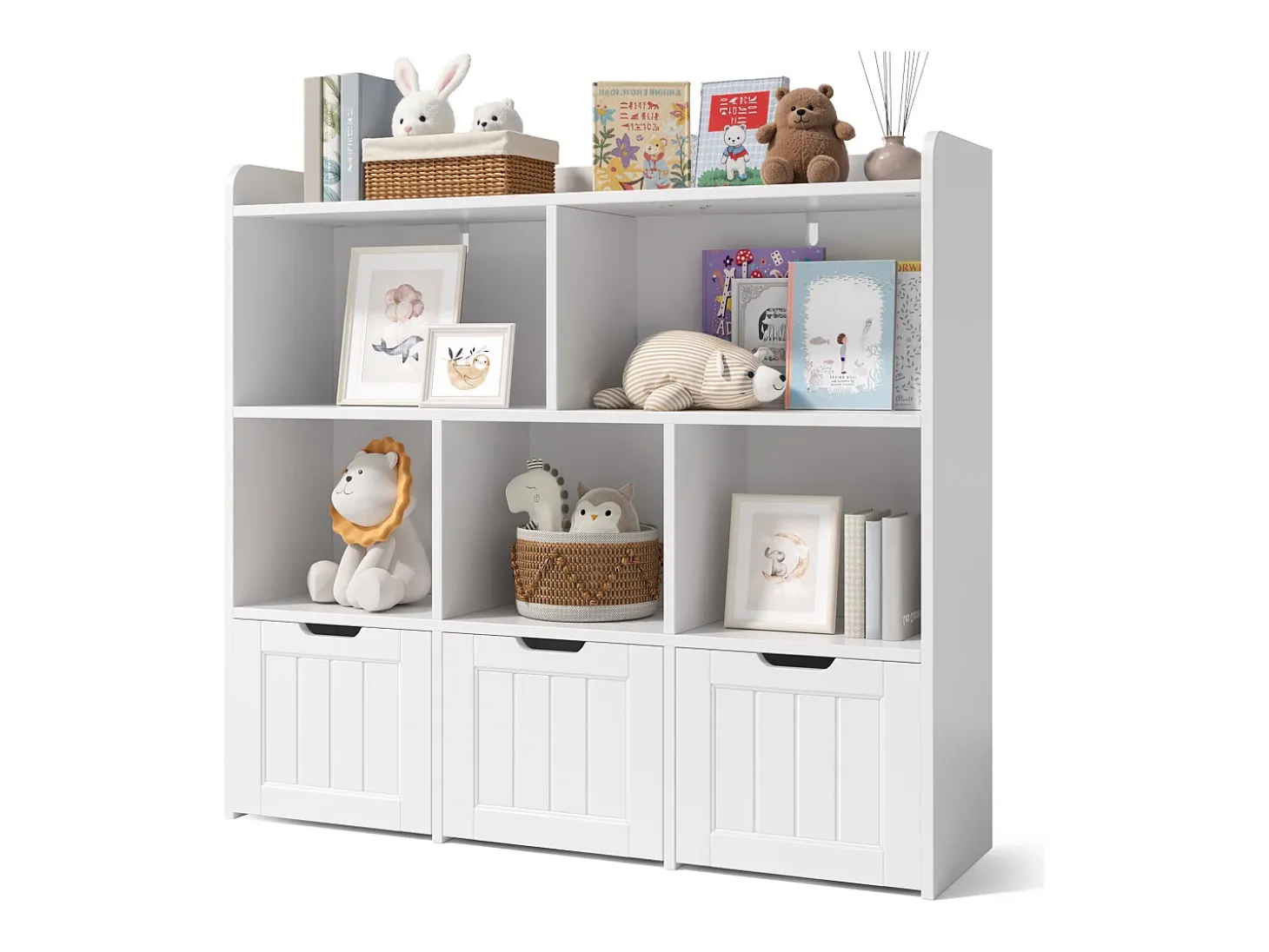 Estantería baja para niños Bealife con 8 compartimentos, 3 cajones abiertos móviles, blanco 100×30×90cm
