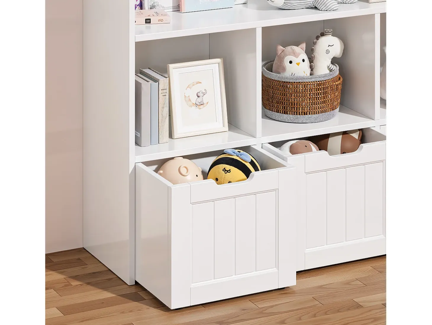 Estantería baja para niños Bealife con 8 compartimentos, 3 cajones abiertos móviles, blanco 100×30×90cm