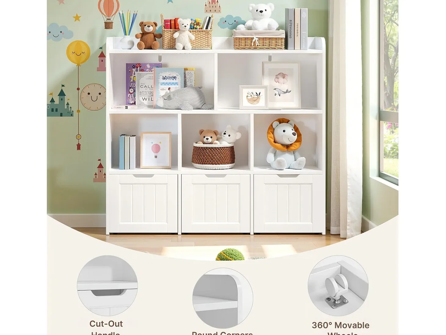 Estantería baja para niños Bealife con 8 compartimentos, 3 cajones abiertos móviles, blanco 100×30×90cm