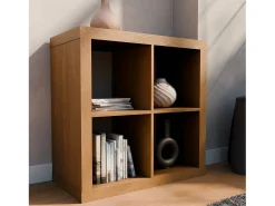 Estantería cúbica, 2 niveles y 4 compartimentos efecto madera miel