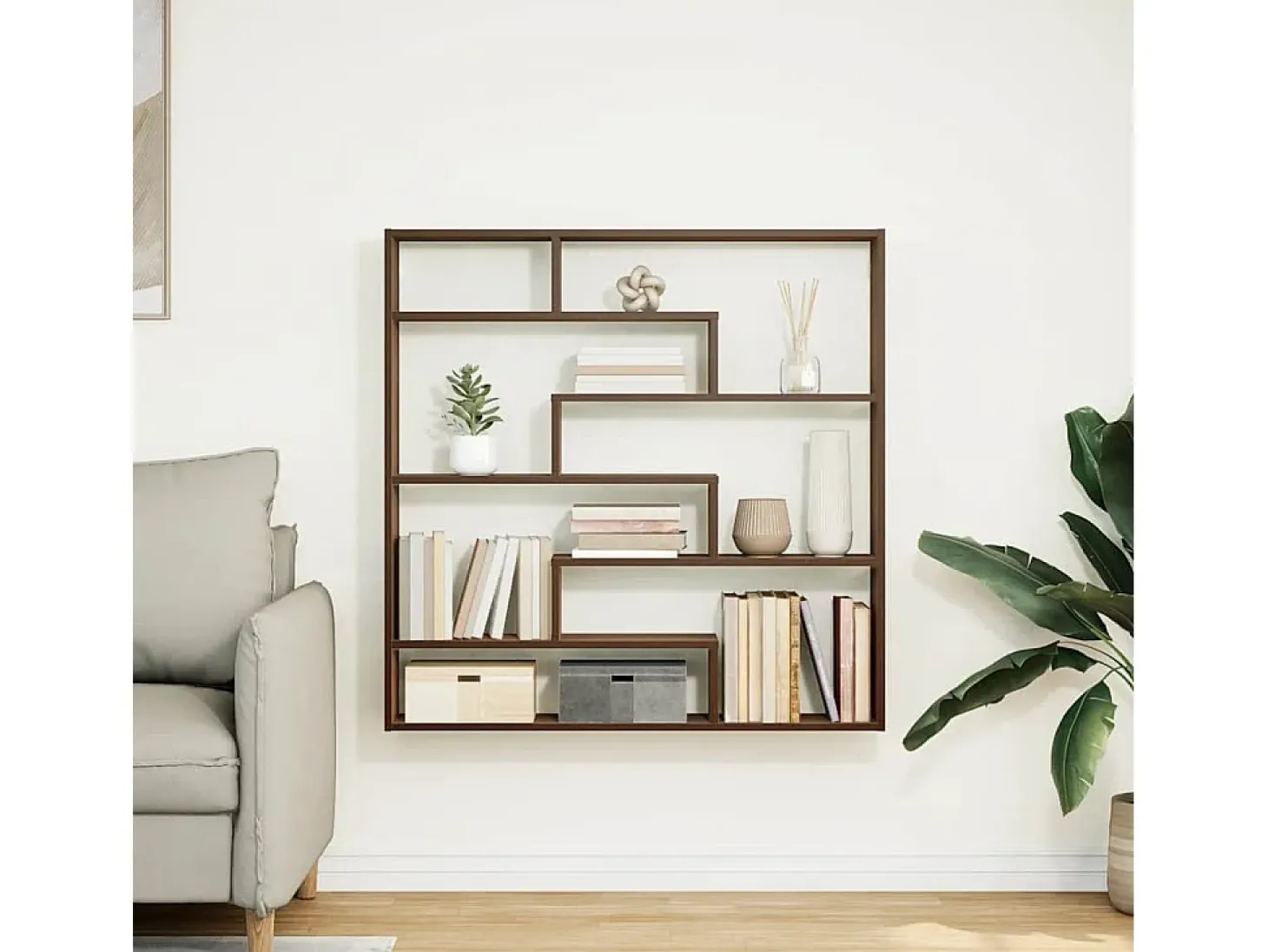 Estantería cúbica de pared de 7 compartimentos en roble marrón