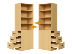 Estantería de 180 cm de alto - con 3 cajones laterales - Estantes ajustables - Reversible izquierdo/derecho - Natural