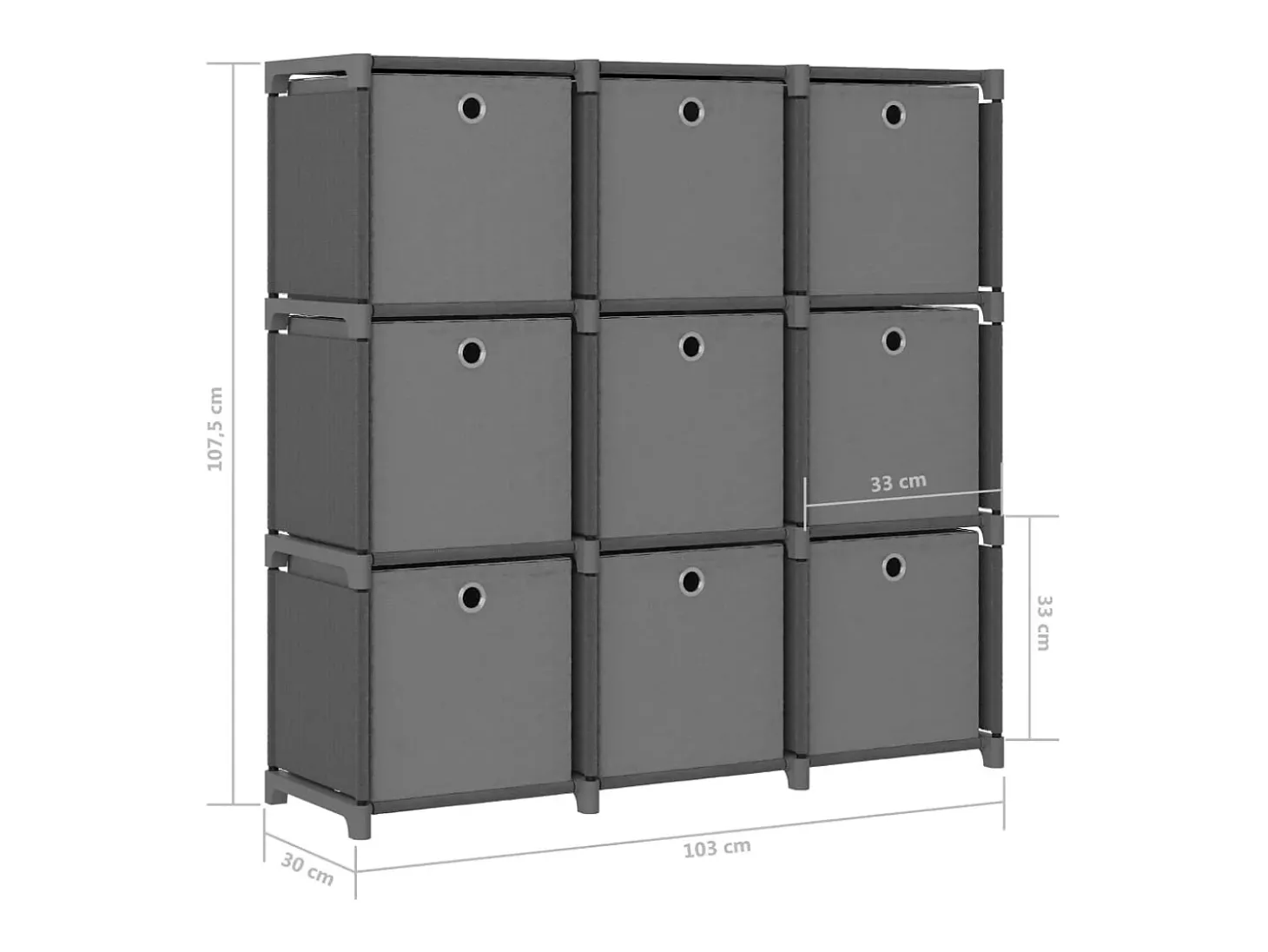 Estantería de 9 cubos con cajas tela gris 103x30x107,5 cm
