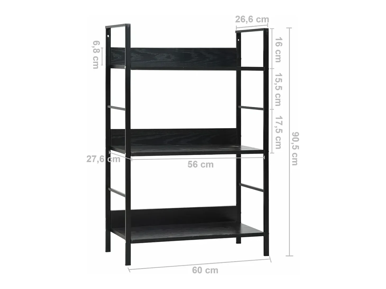 Estantería de 3 niveles de aglomerado negro 60x27,6x90,5 cm