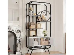 Estantería de almacenaje de doble puerta - 3 estantes - patas de metal - 80 x 30 x 180 cm - elemento decorativo redondo