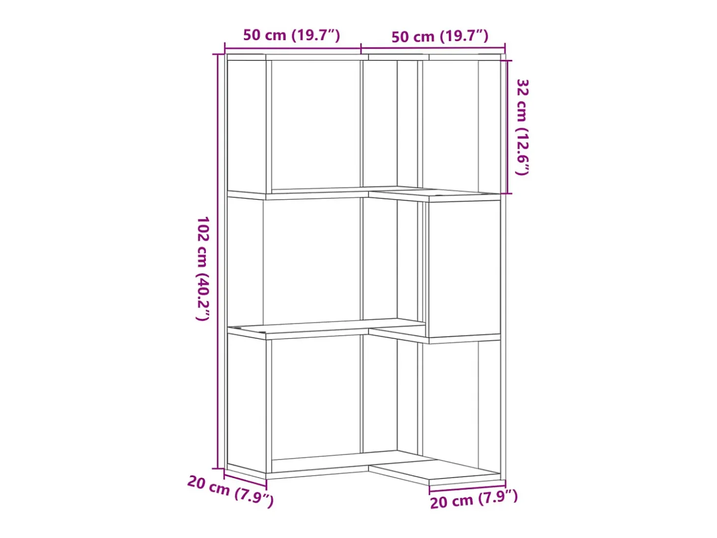 Estantería de esquina 3 niveles madera envejecida 50x50x102 cm