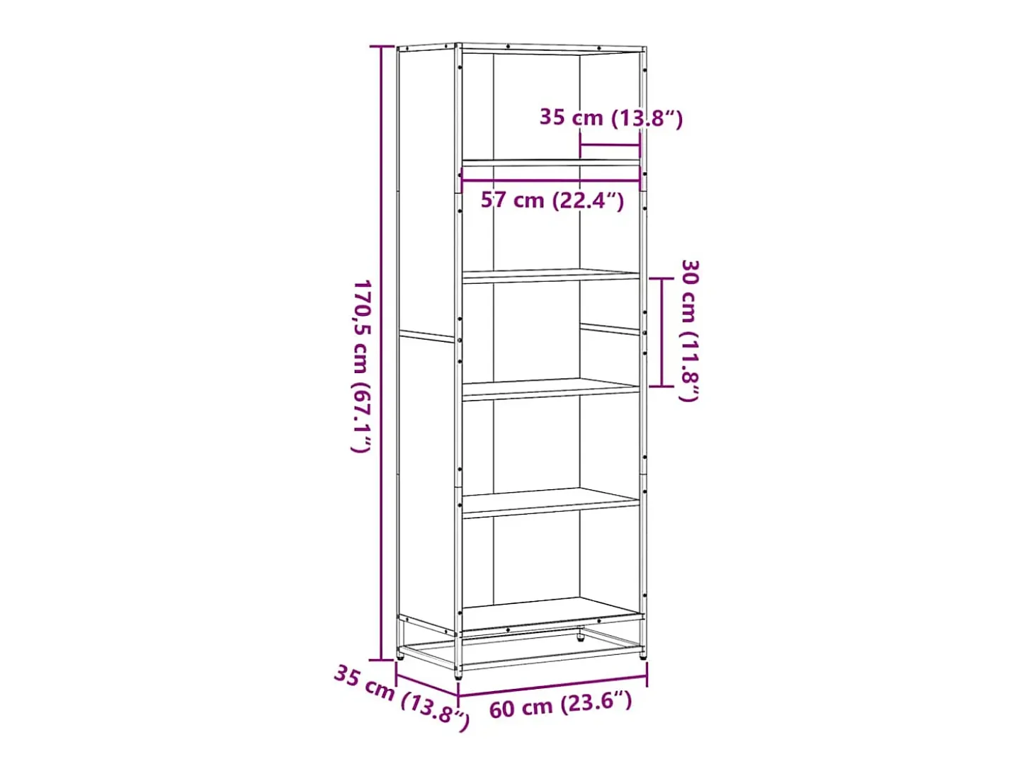 Estantería de madera de ingeniería gris Sonoma 60x35x170,5 cm