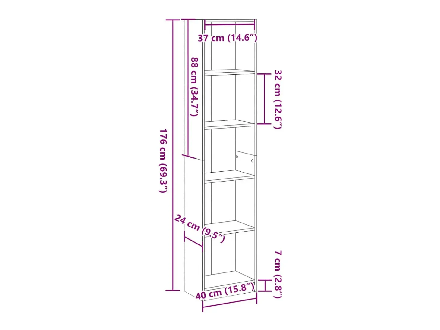 Estantería de madera de ingeniería roble artesanal 40x24x176 cm