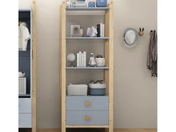 Estantería independiente - 70 x 44 x 180 cm - con 2 cajones - Librería de 4 niveles - madera - natural + azul