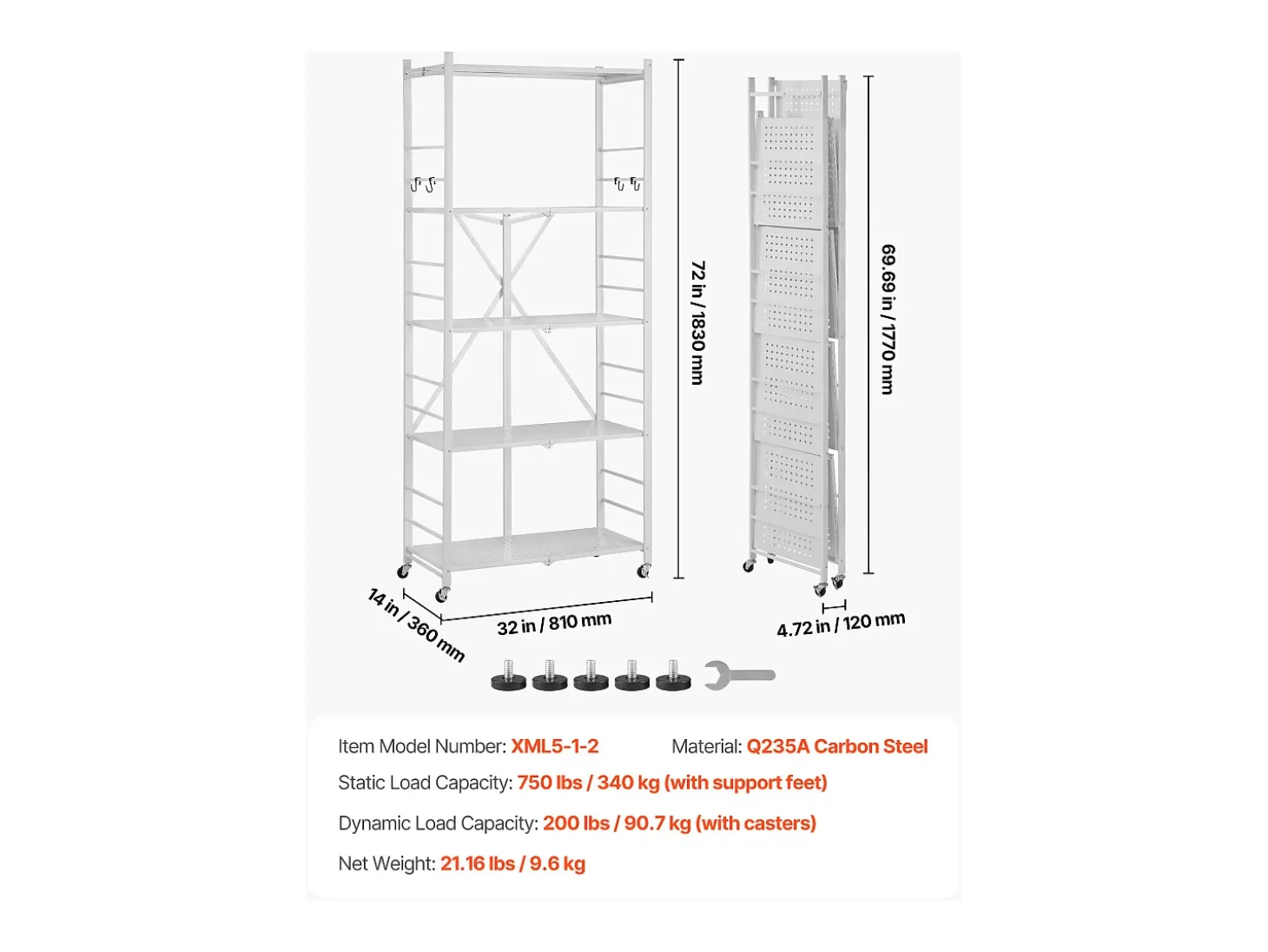 Estantería SucceBuy Plegable Móvil, 5 Niveles, Estantería Plegable con Ruedas, 81x36x183 cm, Metal Robusto, Carga Estática 340 kg Dinámica 90,7 kg