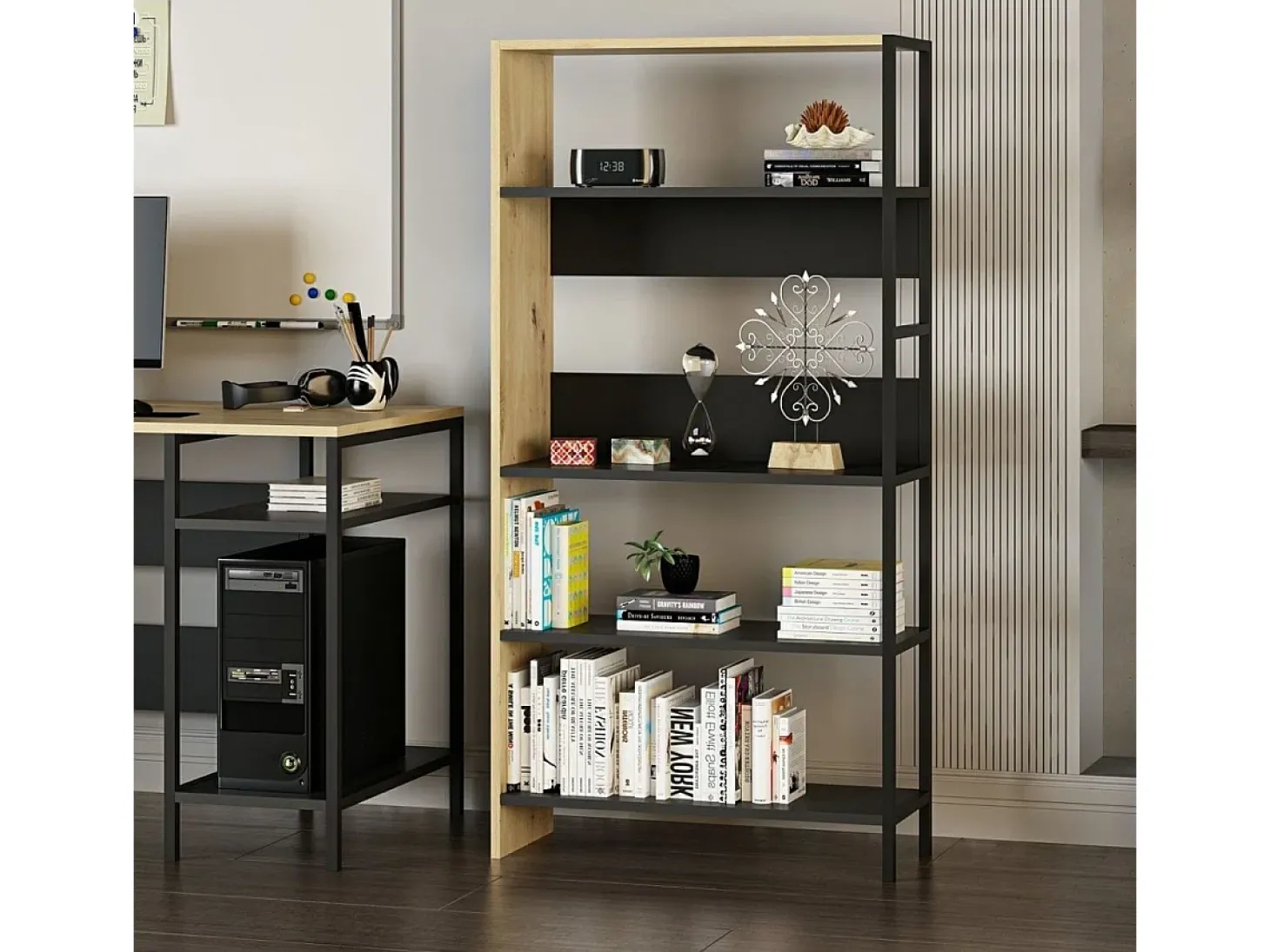Estantería Tiran Bookcase 4 estantes roble/negro 150x76x30 cm