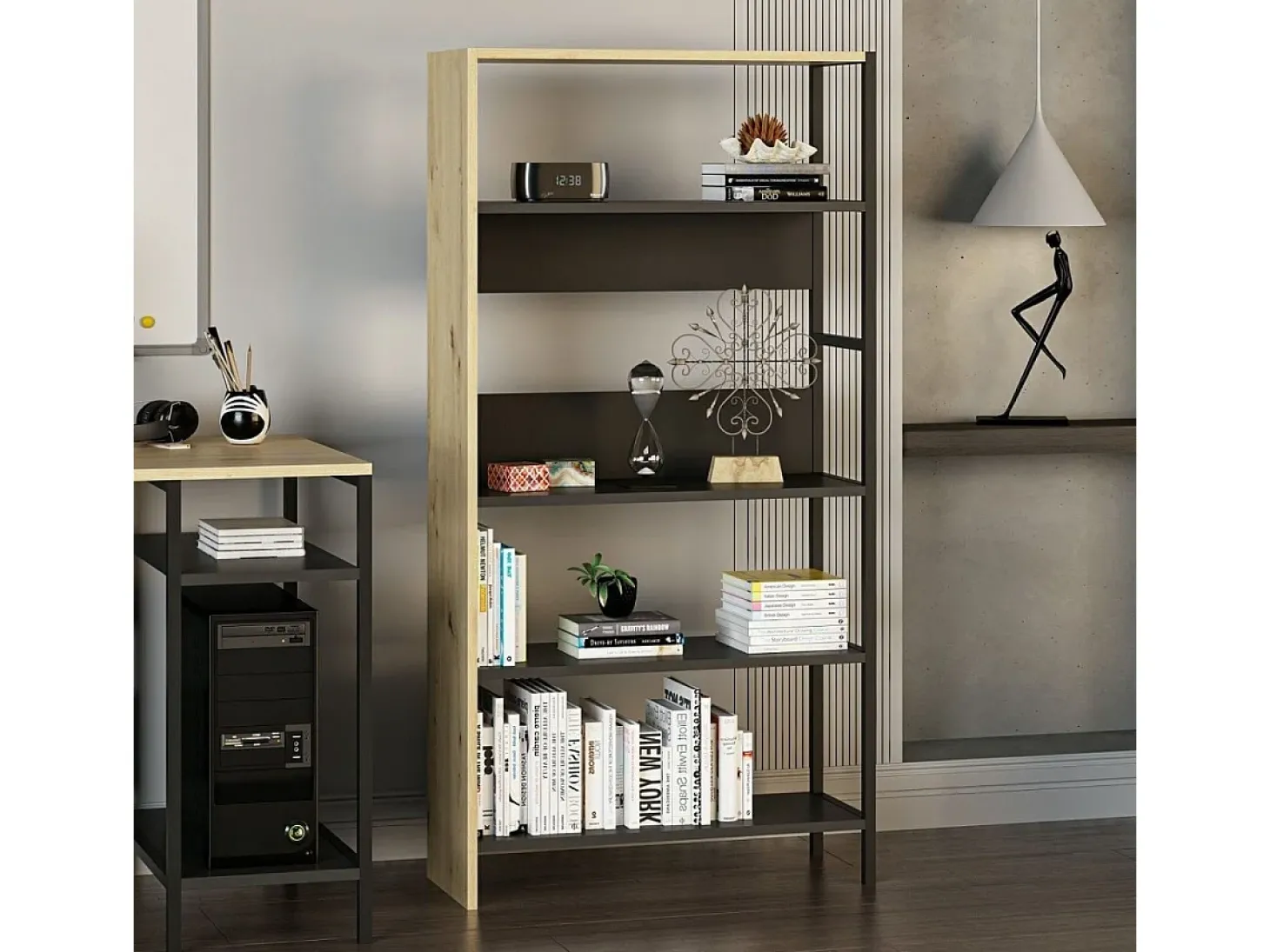 Estantería Tiran Bookcase 4 estantes roble/negro 150x76x30 cm
