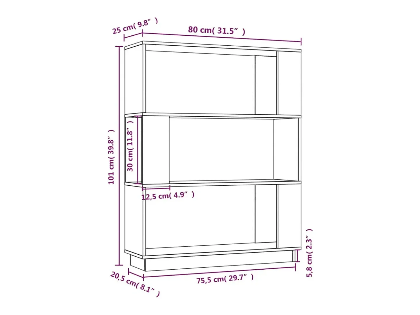 Estantería/divisor de espacios madera maciza pino 80x25x101 cm